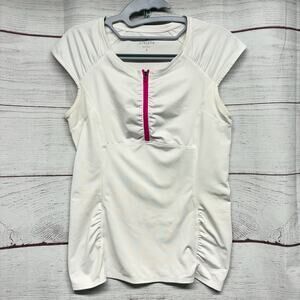 Athleta Intrepid Cap Sleeve Quarter Zip Top White Pink Size S UPF 50 Cycling
